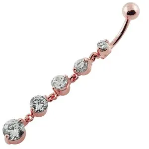 Pink Jeweled Fancy Silver Dangling Curved Bar Navel Ring