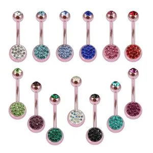 Pink Anodized Double Jeweled 14G Banana Belly Ring
