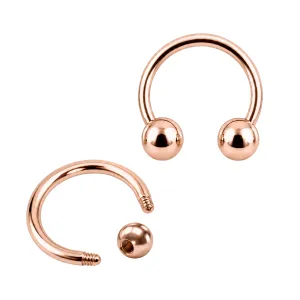 Rose Gold PVD 316L surgical steel external thread horseshoe circular barbell with polished removable ball ends.
