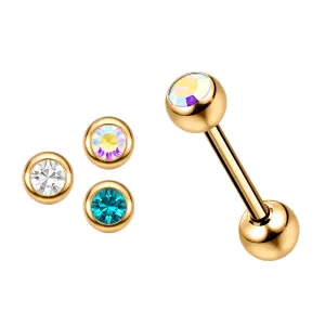 Rose Gold PVD Anodized Tongue Barbell with CZ Jeweled Stone Ball