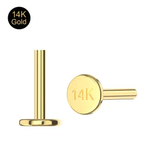 14K solid yellow gold internally threaded labret post showing the 14K hallmark stamp on the 3mm flat back disk.