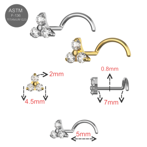 G23 Grade Titanium Triangle Shape Design with triple CZ Stone Screw Type Nose Stud