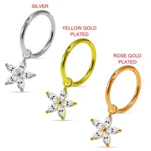 925 Sterling Silver Jeweled Flower Hinged Clicker Earrings