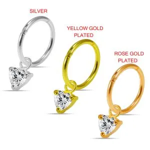 925 Sterling Silver Jeweled Heart CZ Hanging with Hinged Clicker Earrings
