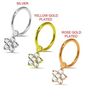 925 Sterling Silver Jeweled Floral Hinged Clicker Earrings