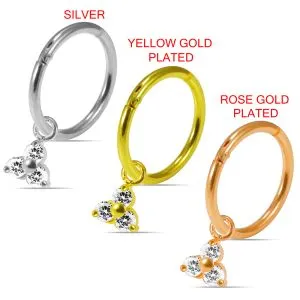 925 Sterling Silver Tri CZ Jeweled Hinged Clicker Earrings
