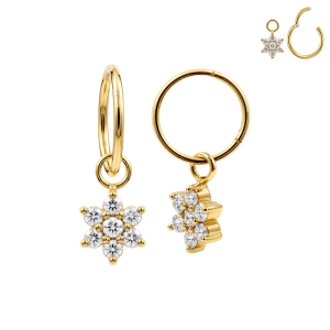Front and side views of a gold 316L surgical steel daisy flower CZ hinged clicker featuring a clear stone-set floral charm.