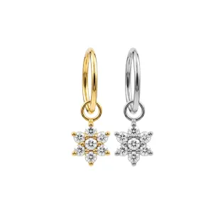 Gold and steel color variations of 316L surgical steel daisy flower CZ hinged clickers shown from the front.