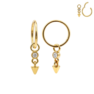 Front and side views of a gold 316L surgical steel CZ spike hinged clicker featuring a clear round stone and pointed spike charm.