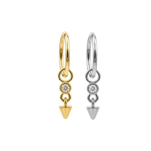 Gold and steel color variations of 316L surgical steel CZ spike hinged clickers shown from the front.