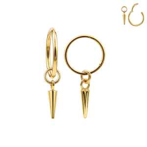 Front and side views of a gold 316L surgical steel hinged clicker featuring a polished long cone spike charm.