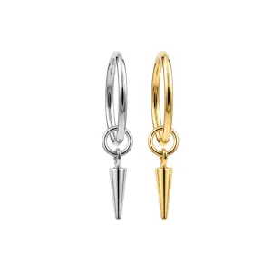 Gold and steel color variations of 316L surgical steel long cone spike charm hinged clickers shown from the front.