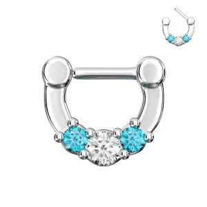 Three Pronged White and Aqua CZs Septum Clicker Ring
