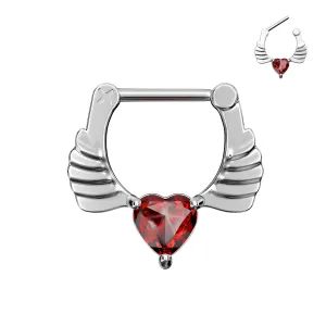 Angel Wings with Red Heart CZ Septum Clicker