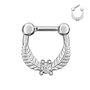 Leaf with Clear Round CZ Stone Septum Clicker Ring