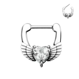 Angel Wings with Heart CZ Septum Clicker