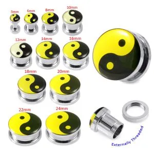 Black And Yellow Ying Yang Logo With SS Screw Fit Ear Tunnel