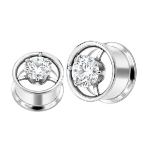 Single CZ in Center Steel Flesh Tunnel Body Jewelry