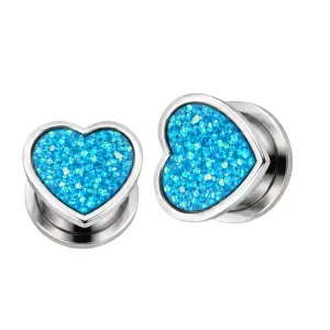 Single Rough Glittering Aqua Heart Surgical Steel Flesh Tunnel