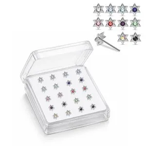 Professional wholesale display box of 925 sterling silver star nose bone studs in assorted rhinestone colors.