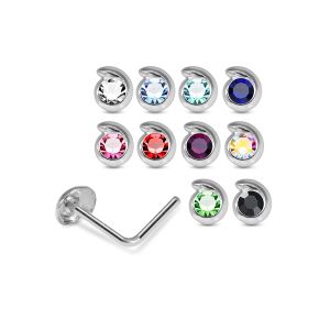 Assortment of rhinestone colors for 925 sterling silver jeweled teardrop L-bend nose studs including clear, aqua, sapphire blue, pink, red, green, AB, and black.