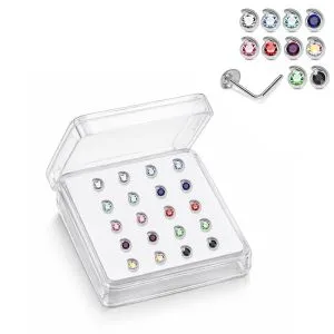 Professional wholesale display box of 925 sterling silver jeweled teardrop rhinestone L-bend nose studs in assorted colors.