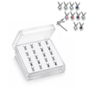 925 Sterling Silver Bunny Jeweled Straight End Nose Stud Box (20pcs / 40pcs)