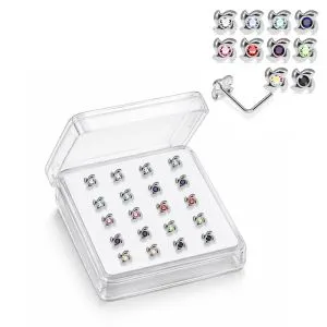925 Sterling Silver Jeweled Ninja Shuriken L-Bend Nose Stud Box (20 Pieces)