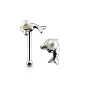925 Silver Dolphin with Pearl Ball Nose Stud