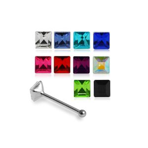 Color assortment of 2.5mm square-cut jeweled 925 sterling silver ball end nose studs in clear, blue, and rainbow colors.