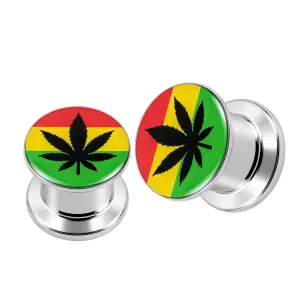 SS Internal Screw Fit Rasta Marijuna Logo Ear Tunnel