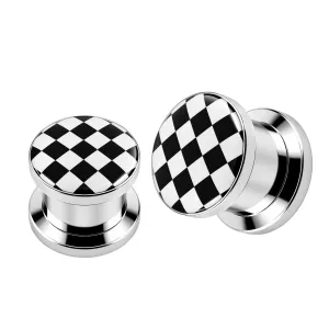 SS Internal Screw Fit With White Checker Logo Ear Tunnel