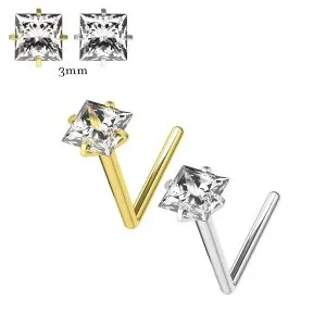 20G Surgical Steel Square CZ Stone L-Shape Nose Stud