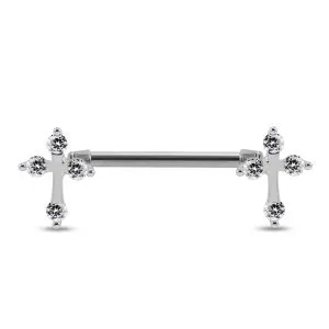 Surgical Steel Cross with Prong set CZ stones Nipple Piercing Bar