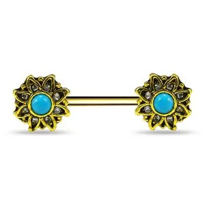Flower Jeweled Turquoise Bead Nipple Piercing Jewelry