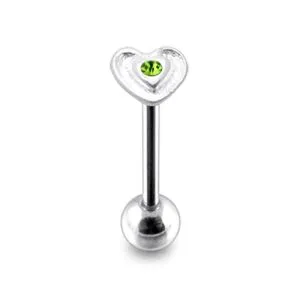 Green Color Stone Heart Flower Silver Tongue Ring
