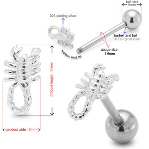925 Sterling Silver Scorpion with Surgical Steel Tongue Bar
