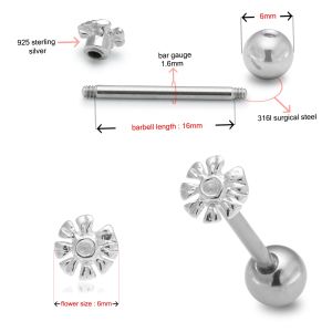 925 Sterling Silver Zeina Flower with Surgical Steel Tongue Bar