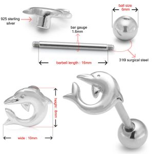 925 Sterling Silver Dolphin with Surgical Steel Tongue bar