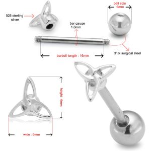 Surgical Steel Straight Bar with 925 Sterling Silver Celtic Triquetra Top