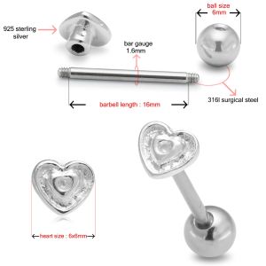 Surgical Steel Straight Bar with 925 Sterling Silver Engraved Heart Tongue Ring
