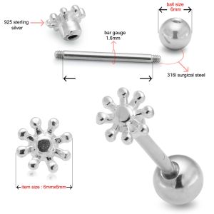 Surgical Steel Straight Bar with 925 Sterling Silver Snow Flake Tongue Ring