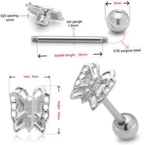 Surgical Steel Straight bar with 925 Sterling Silver Butterfly Tongue Ring