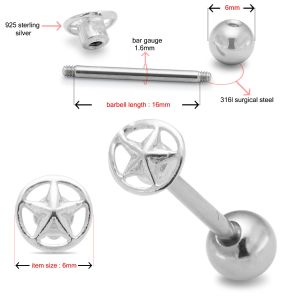Surgical Steel Straight Bar with 925 Sterling Silver Pentagon Star Tongue Ring