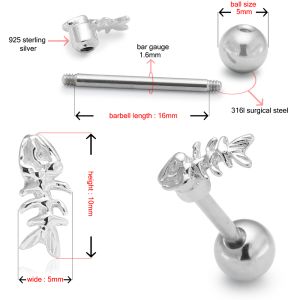 Surgical Steel Straight Bar with 925 Sterling Silver Fish Bone Tongue Ring