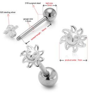 Surgical Steel Straight bar with 925 Sterling Silver Sun Tongue Ring