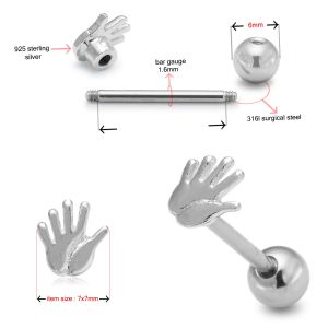 Surgical Steel Straight bar with 924 Sterling Silver Hand Tongue Ring