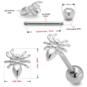 Surgical Steel Straight bar with 925 Sterling Silver Spider Tongue Ring