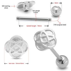 Surgical Steel Straight bar with 925 Sterling Silver Celtic knot on Plate Tongue Ring
