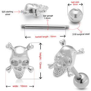Surgical Steel Straight Bar with 925 Sterling Silver Skull Tongue Ring